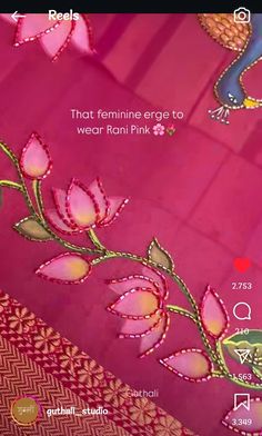 the screen is showing an image of pink flowers and leaves with words that read, that feminine edge to wear kani pink