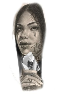 a drawing of a woman with tattoos on her arm holding a diamond and playing card