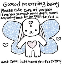 a drawing of a bunny holding a heart with the words good morning baby on it