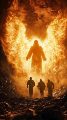 three men are walking through a tunnel with flames in the air and an angel above them