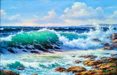 an oil painting of waves crashing on rocks