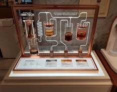 a display case with three different types of beaks and flasks in it