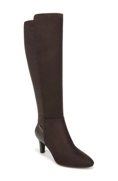 Sleek, flexible design refines this faux-leather, knee-high boot outfitted with a stretchy back panel and supportive cushioning. 2 3/4" heel (size 6) 15 1/4" shaft; 15 1/4" calf circumference. Regular calf 15 1/4" shaft; 16 1/4" calf circumference. Wide calf Soft System® comfort package provides all-day support, flex and cushioning Cushioned footbed with arch support Textile upper and lining/synthetic sole Imported Flexible Design, Wide Calf, Boots Outfit, Boot Shoes Women, Arch Support, Knee High Boots, Dark Chocolate, Knee High, Womens Boots