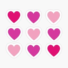 pink and red hearts stickers on a white background, set of nine heart shaped stickers