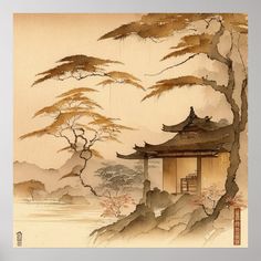 Japanese Village Art, Japanese Scenery Art, Japanese Retro Art, Ancient Pokemon, Japan Village, Village Scenery, Golden Mountain, Japandi Art, Woodblock Printing