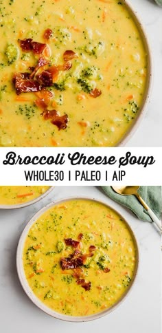 two bowls of broccoli cheese soup with bacon