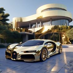 a gold bugatti parked in front of a large building