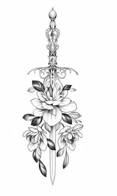 Swords And Flowers Tattoo, Dagger Sternum Tattoo Women, Dagger Tattoo Women, Hip Tattoos Women Unique, Floral Dagger Tattoo, Sternum Tattoo Women Unique, Dagger Spine Tattoo, Unique Leg Tattoos Women, Unique Spine Tattoos For Women