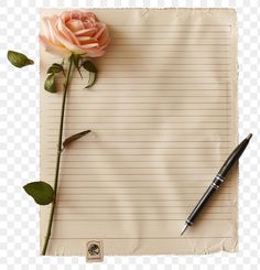 a notepad with a rose on it and a pen resting on top of it