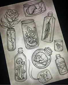 a drawing of some jars with flowers and other things in them on top of a piece of paper