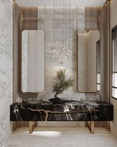 an elegant bathroom with marble counter tops and walls, along with a plant in the center