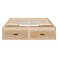 a wooden bed frame with two drawers on each side and an open drawer underneath it