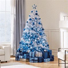 a blue and white christmas tree with presents under it