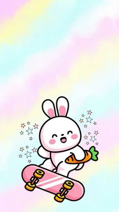 a cartoon bunny riding a skateboard with carrots in his hand and stars on the background