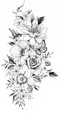 a black and white drawing of flowers