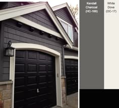 the front and back side of a house with two garage doors, one is painted black