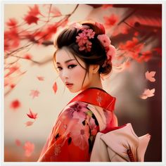 A beautiful and mysterious Japanese geisha, wrapped in a traditional kimono with a floral pattern, standing under a tree surrounded by falling leaves in the wind. She casts a furtive glance at the viewer, like a romantic flirt. The warm rose and red tones give the image a romantic atmosphere as the geisha stands gracefully amidst the falling leaves, capturing a scene of timeless beauty and serenity. ------------------------------------- A beautiful and mysterious Japanese Geisha, draped in a tra Memories Of A Geisha, Japanese Geisha Art, Geisha Woman, Leaves In The Wind, Art Geisha, Geisha Hair, Kimono Floral, Geisha Art, Traditional Kimono