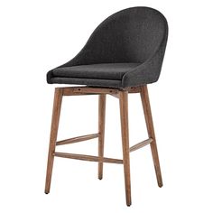 an upholstered bar stool with wooden legs and grey fabric seat pad, viewed from the front