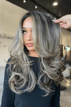 This trendy hairdo features a luscious mixture of ash-blonde hues that flow through a darker base, creating a multi-dimensional and refined appearance. The loose waves add volume and movement, accentuating the seamless blend of colors from roots to ends. It's a versatile style that can bring a modern, youthful vibe to your look while - Click to see more of Upgrade Your Style with These 36 Hair Highlight Picks and follow us for more hairstyle ideas. // Photo Credit: Instagram @hairwles Low Lights Platinum Hair, Long Hair With Highlights And Lowlights, Hair Colors With Extensions, Ash Blonde On Dark Brown Hair, Ash Brown With Dark Roots, Light Ash Blonde Highlights On Dark Hair, Blonde And Brown Dimensional Hair, Black To Blonde Highlights, Dark Brown Hair Ash Blonde Highlights