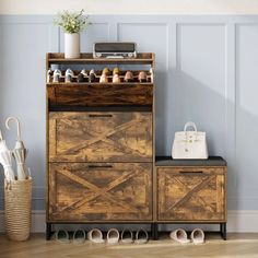 an old wooden cabinet with shoes on the bottom shelf and other items in front of it