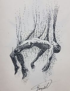 an ink drawing of a person falling from a tree with water droplets on it's surface