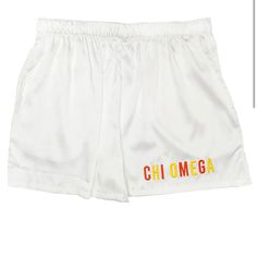 Each Pair Is Custom Embroidered With Your Sorority Name In Your Colors And Comes With Comfortable Elastic Waistband And Pockets. They Run Small In Size! Recommend Sizing Up Sorority Names, Loungewear Dresses, Satin Shorts, Satin Short, Sorority Gifts, Chi Omega, Night Sleep, Embroidered Shorts, Kids Sale