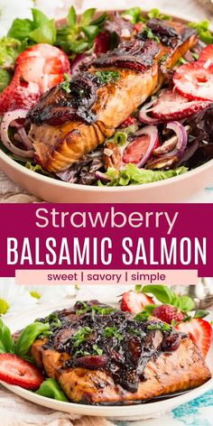 strawberry balsamic salmon salad on a plate with strawberries