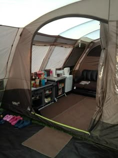 an inside view of a tent with the door open