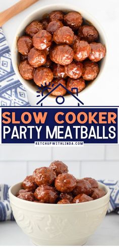 slow cooker party meatballs in a bowl with the title above it that reads slow cooker party meatballs