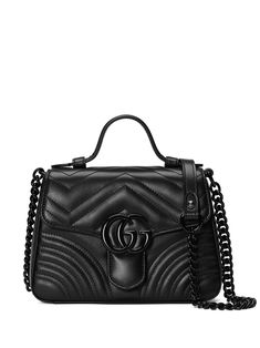 black leather logo plaque quilted foldover top main compartment single rounded top handle chain-link shoulder strap Gucci Marmont Top Handle Bag, Gucci Black Crossbody Bag, Gucci Bag Price, Gucci Bag Black, Gg Marmont Mini Top Handle Bag, Black Gucci Bag, Tote Bags Design, Gucci Love Parade, Gucci Marmont Mini