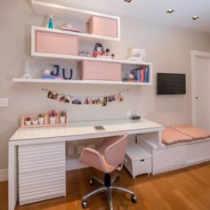 a white desk topped with a pink chair next to a shelf filled with personal items