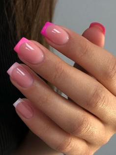 pink French tip nails: vertical ombre Nice Nail Polish Colors, Pink Shade French Tip Nails, French Tip Short Nails Pink, French Nails With Different Color Tips, Different Shade Pink French Tip Nails, Different Shade Of Pink French Tip Nails, French Color Nails Design, Colored French Tip Nails With Design, French Tip With Twist