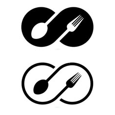 fork and spoon in the shape of an o with two circles around it, black and white