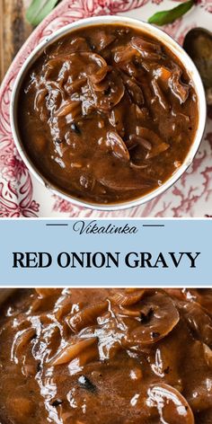 red onion gravy in a white bowl with spoons next to it on a plate