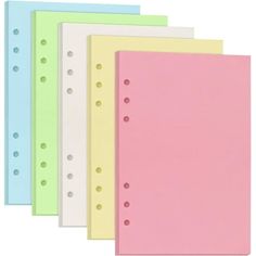 five colored binders with holes on each side are lined up in different colors and sizes