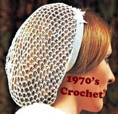 a woman wearing a white hat with the words 1970's crochet on it