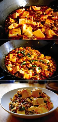 there are three different pictures of food in the same pan and one has tofu on it