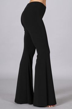 Chatoyant Basic Bell Bottoms Black Solid basic bell bottom flare pants with elastic waist in a comfortable and stretchy fit. Smooth, cool, wrinkle-free, non-pilling, and machine-washable fabric. Perfect for casual wear and everyday wear, a must have staple for your wardrobe! Stay Sexy! Fabric: Polyester/Spandex 95/5 Proudly made in the USA Black Pants Bell Bottoms, Black Leggings Bell Bottoms, Petite Flare Pants, Legging Bell Bottoms, Black Bell Bottom Leggings, Bell Bottom Leggings Outfits, Black Bell Bottoms Outfit, Bellbottom Pants Outfits, Bellbottom Leggings