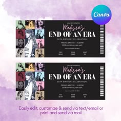 two tickets for the end of an era event with photos and text on purple watercolor background