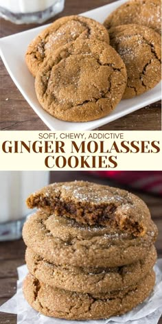 two pictures of ginger molasses cookies stacked on top of each other with the words soft and chewy