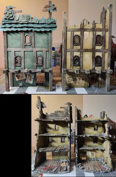 two pictures of an old house made out of scrap wood and cardboard with the doors open