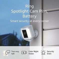 the ring spotlight cam plus battery is shown in front of an open door with text describing it as smart security at every corner