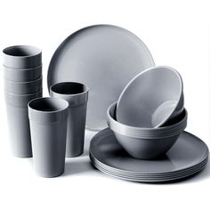 a set of gray dishes and cups on a white background