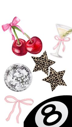 the number eight is surrounded by objects such as cherries, cocktail glasses and disco balls