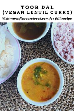 three bowls filled with different types of food on top of a woven place mat next to rice