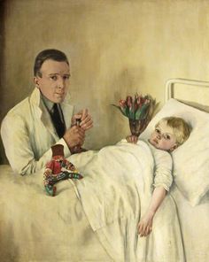 a painting of a man holding flowers next to a little boy in a hospital bed