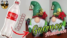 two gnomes made out of soda bottles sitting next to each other