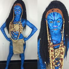 two pictures of a woman with blue paint on her face and body, both wearing gold jewelry