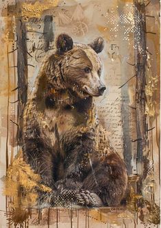 a painting of a brown bear sitting in the woods