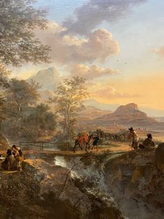 a painting of people riding horses near a river